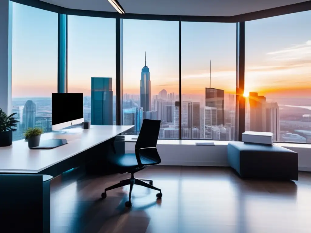 Espacio de oficina moderno con vista a la ciudad Oficina moderna con vista panorámica de la ciudad, muebles minimalistas y gadgets de alta tecnología