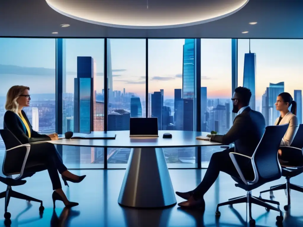 Oficina moderna con vista panorámica y equipo profesional Oficina moderna con vista panorámica de la ciudad, muebles minimalistas y tecnología avanzada