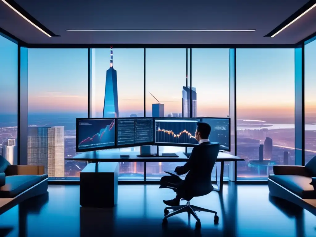 Oficina moderna con vista a la ciudad y analista financiero Oficina moderna con vista panorámica