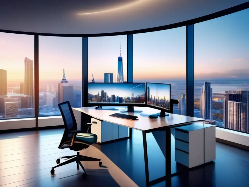 Oficina moderna con vista panorámica de la ciudad Oficina moderna con vista panorámica de la ciudad, muebles contemporáneos y asesoría financiera