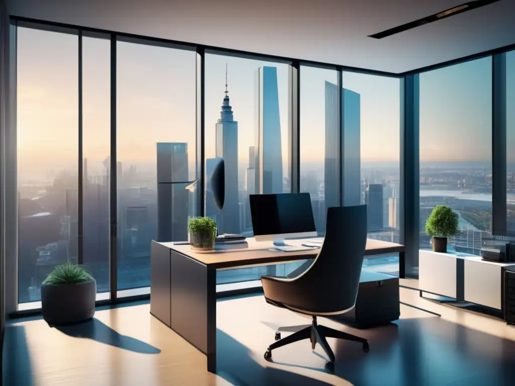 Oficina moderna con vista panorámica y profesional en acción Oficina moderna con vista panorámica urbana y persona profesional estudiando gráficas financieras