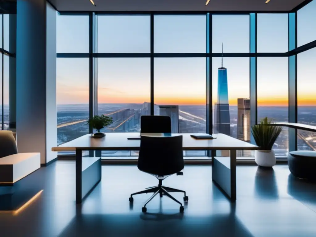Oficina moderna con vista panorámica y estrategia fiscal Oficina moderna con vista panorámica de la ciudad y estrategia fiscal personalizada para inversor