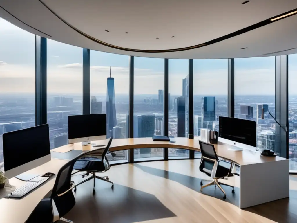 Oficina moderna con vista panorámica Oficina moderna con vista panorámica de una ciudad, muebles minimalistas y gráfica de crecimiento financiero - Bots de inversión gratuitos vs pagos