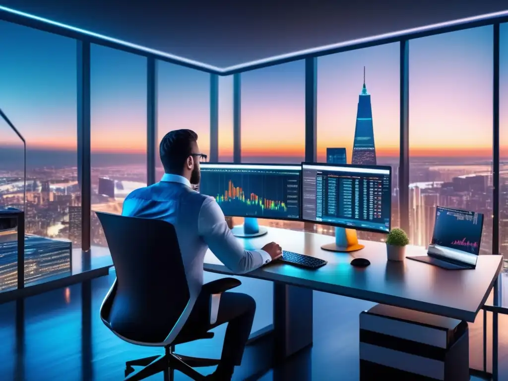 Oficina moderna con vista panorámica y tecnología financiera Oficina moderna con vista panorámica de ciudad, inversionista profesional analiza datos financieros