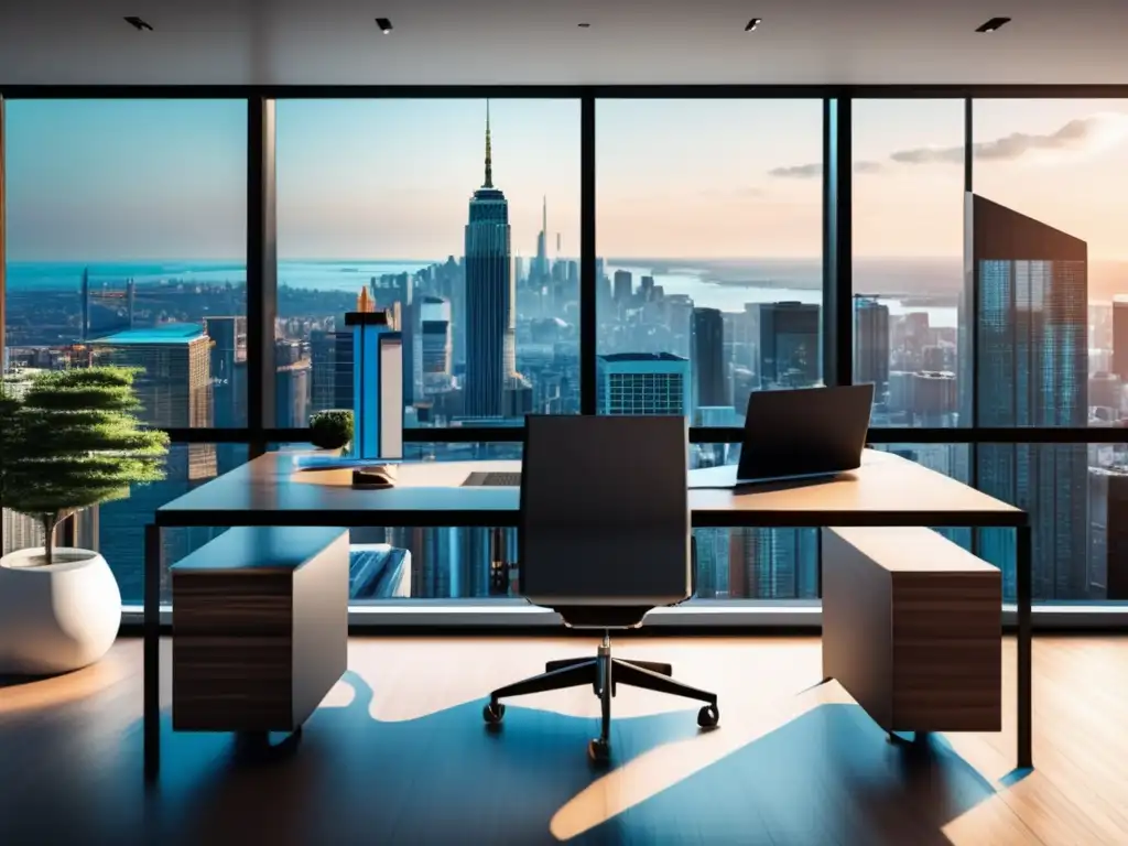 Oficina moderna con vista panorámica a la ciudad Oficina moderna con vista panorámica de la ciudad, decoración minimalista, escritorio organizado con laptop y análisis fundamental