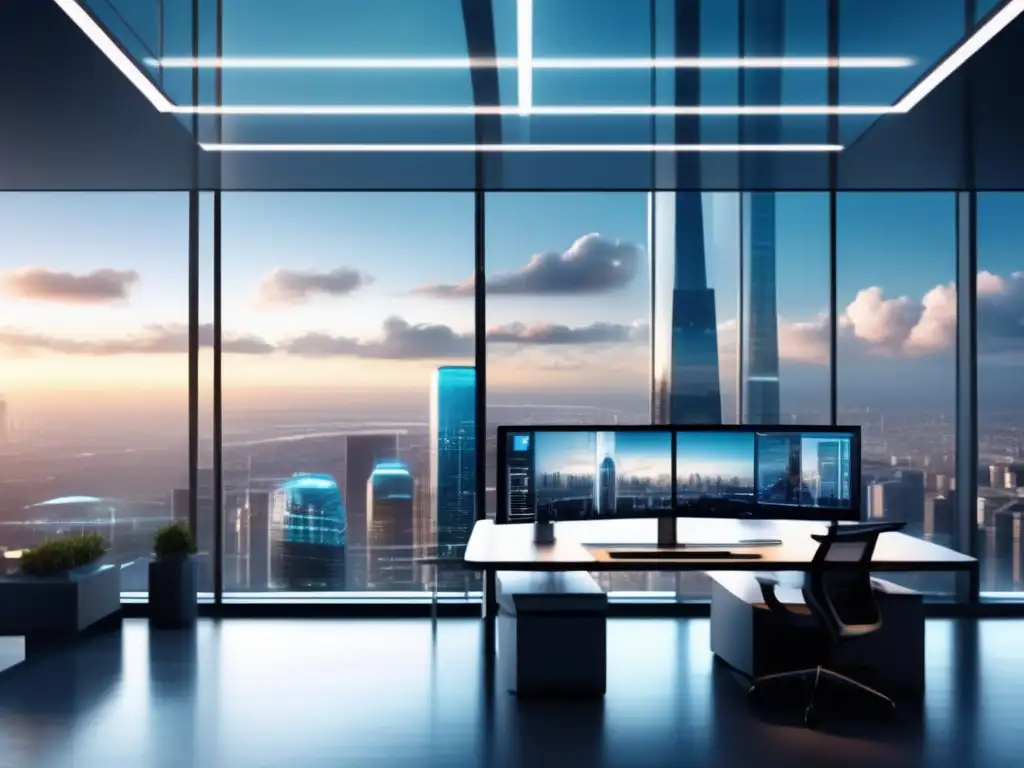 Oficina moderna con vista panorámica a la ciudad futurista Oficina moderna con vista panorámica de ciudad futurista: Descubrir oportunidades ocultas en la nube de volumen