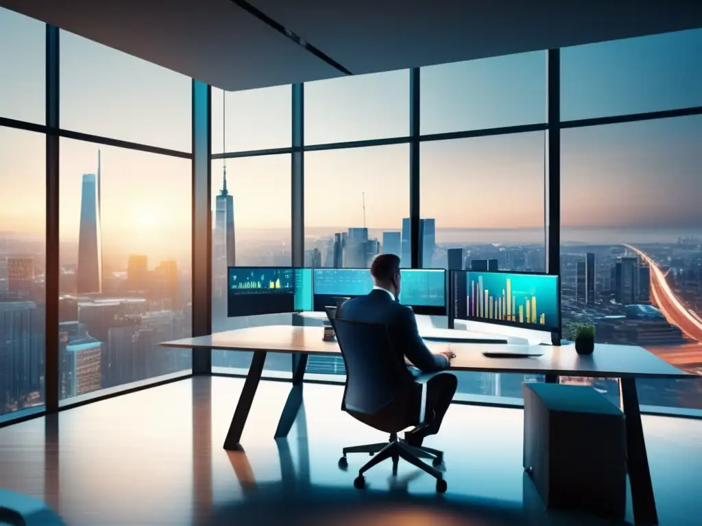 Oficina moderna con vista panorámica de la ciudad Oficina moderna con vista panorámica urbana y análisis financiero