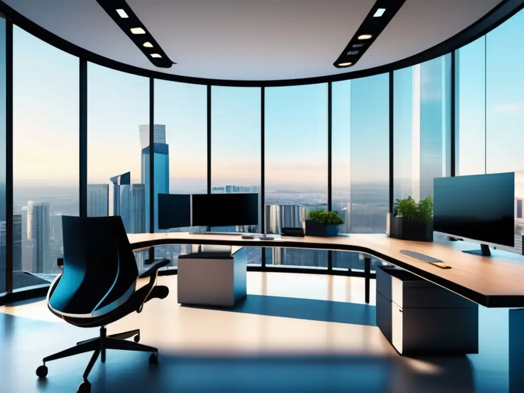 Oficina moderna con vistas panorámicas y tecnología avanzada Oficina moderna con vista panorámica y tecnología avanzada para control de inversiones automatizadas