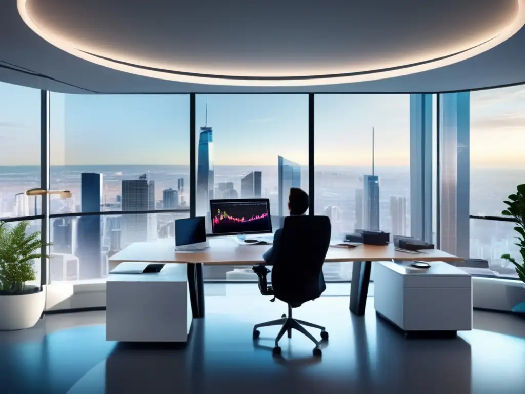 Oficina moderna con vista panorámica de la ciudad Oficina moderna con vista panorámica de una ciudad y ambiente luminoso