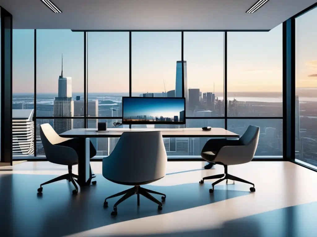 Oficina moderna con vista panorámica a la ciudad Oficina moderna con vista panorámica a la ciudad y software de analítica predictiva financiera