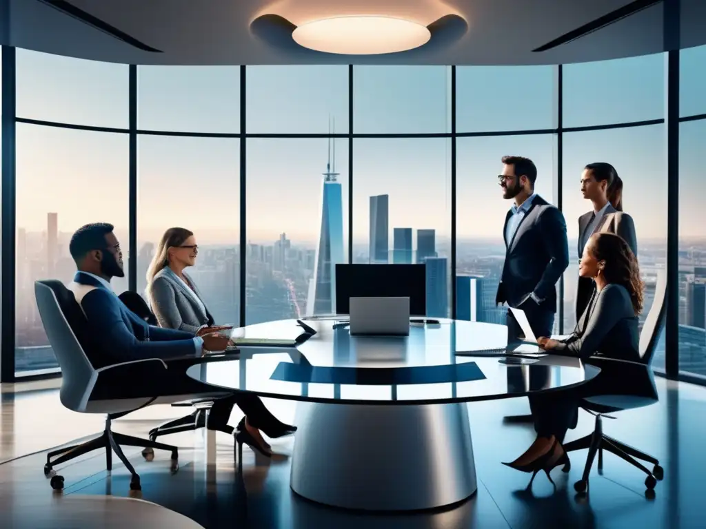Oficina moderna con vista panorámica a la ciudad Oficina moderna con vista panorámica de ciudad y profesionales discutiendo estrategias de inversión a largo plazo
