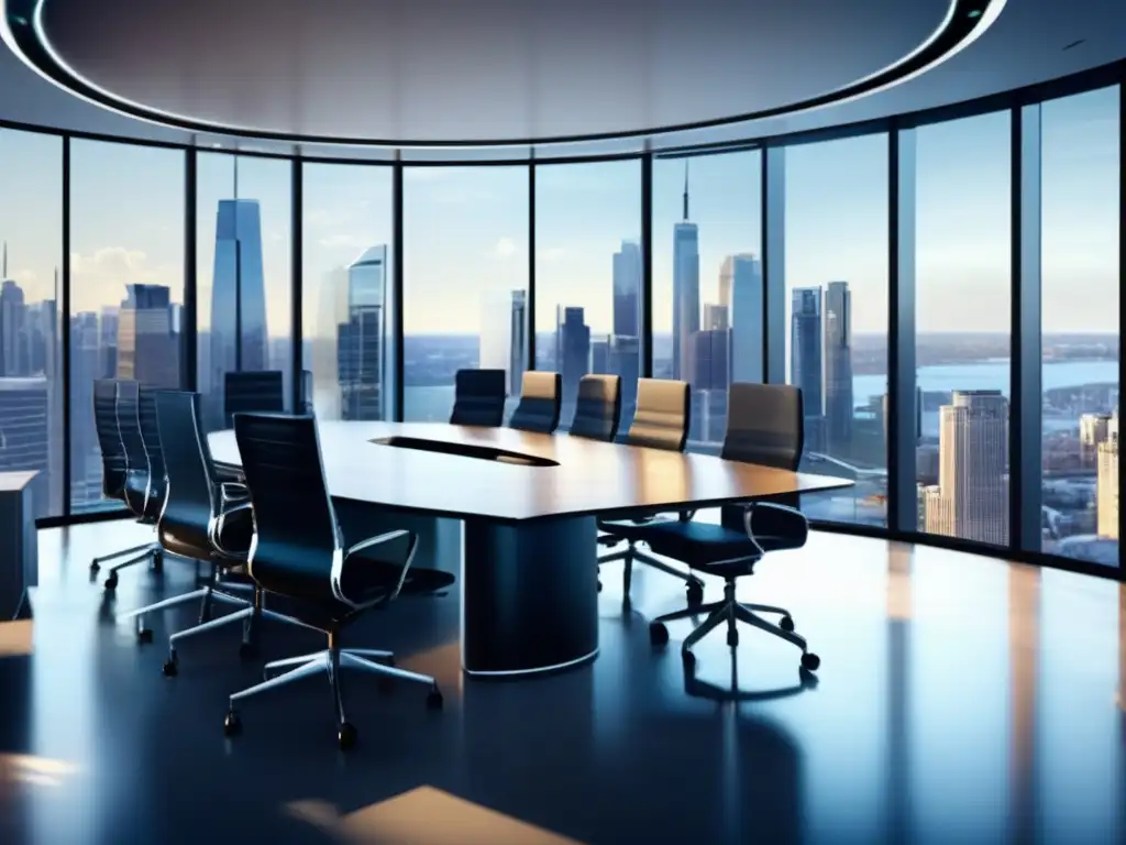 Oficina profesional con vista financiera Oficina moderna con vista panorámica de distrito financiero y reunión en sala de juntas con informes financieros para invertir