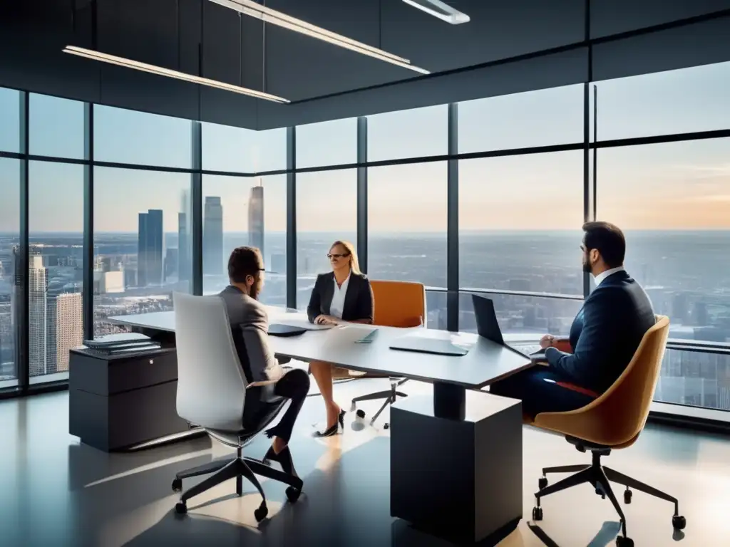 Oficina moderna con vista panorámica de la ciudad Oficina moderna con vista panorámica de una ciudad en crecimiento y profesionales enfocados en flujos de efectivo descontados