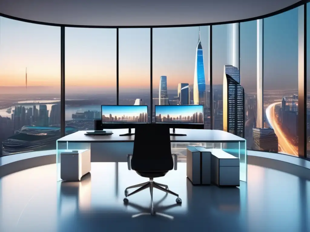 Oficina moderna con vista panorámica Oficina moderna con vista panorámica de la ciudad y escritorio futurista con flujos de efectivo descontados