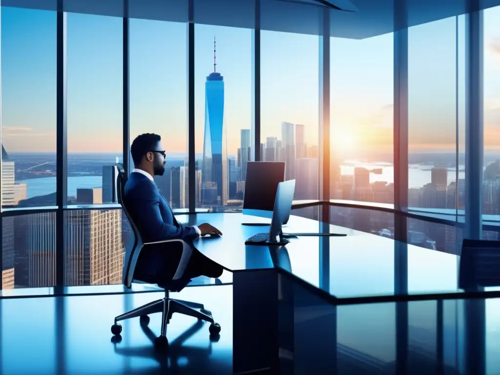 Oficina moderna con vista panorámica de distrito financiero Oficina moderna con vista panorámica del distrito financiero