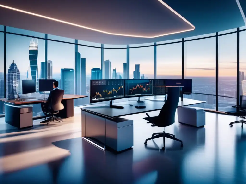 Oficina moderna con vista panorámica y robots avanzados Oficina moderna con vista panorámica, profesionales trabajando y bots en la integración de bots en inversión financiera