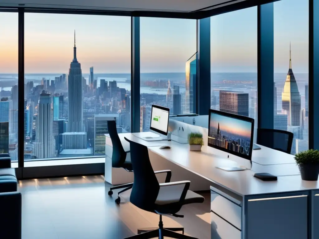 Espacio de oficina moderno con vista panorámica de la ciudad Oficina moderna con vista panorámica de ciudad: Inversión pasiva a largo plazo
