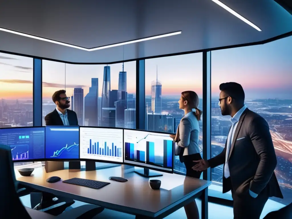 Equipo financiero analizando gráficos y datos Oficina moderna con vista panorámica de la ciudad, profesionales analizando gráficos y la energía del equipo