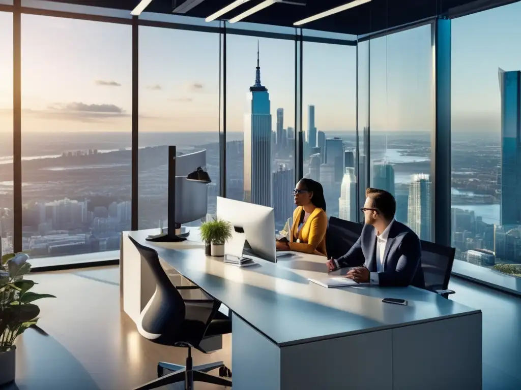 Oficina moderna con vista panorámica de la ciudad Oficina moderna con vista panorámica de la ciudad y profesionales analizando gráficos y datos en dispositivos de alta tecnología