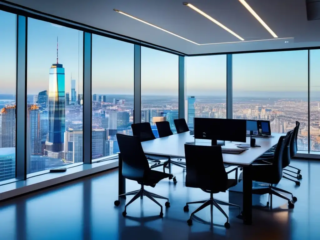 Oficina moderna con profesionales analizando datos financieros Oficina moderna con vista panorámica de la ciudad y profesionales en discusiones intensas, análisis financiero y estrategias de crisis