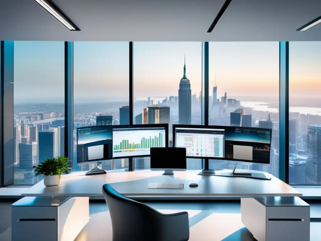 Oficina moderna con tecnología avanzada y vista panorámica de la ciudad Oficina moderna con vista panorámica de la ciudad y herramientas de automatización para inversores pasivos