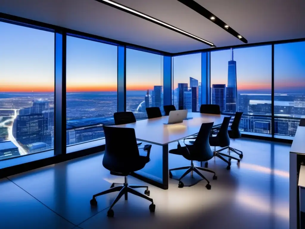 Oficina moderna con vista panorámica Oficina moderna con vista panorámica, tecnología avanzada y herramientas de automatización para inversores pasivos