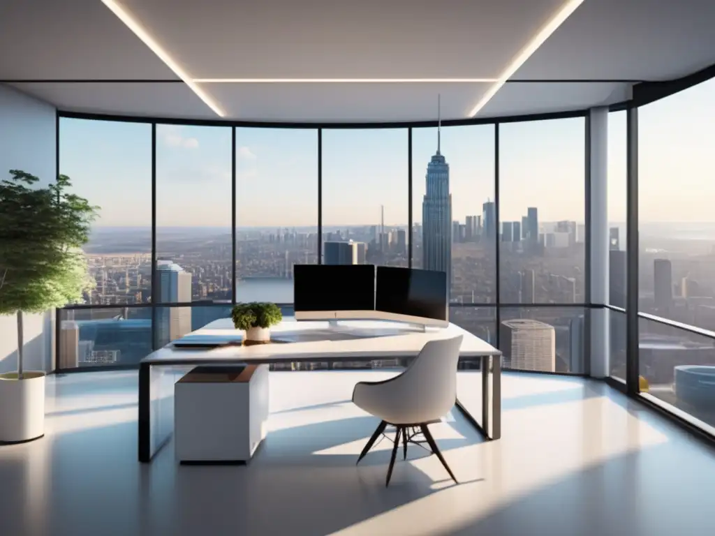 Espacio de oficina moderno con vista a la ciudad Oficina moderna con vista panorámica y decoración minimalista