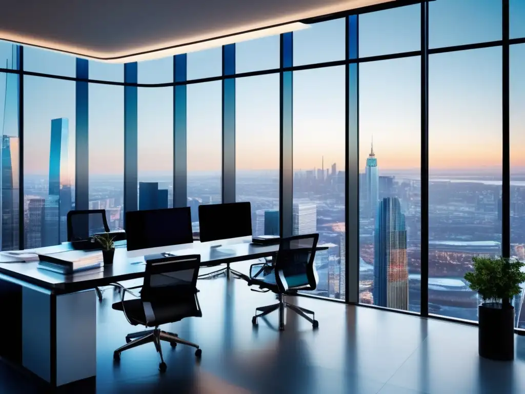 Oficina moderna con vista panorámica a la ciudad Oficina moderna con vista panorámica de la ciudad y muebles contemporáneos