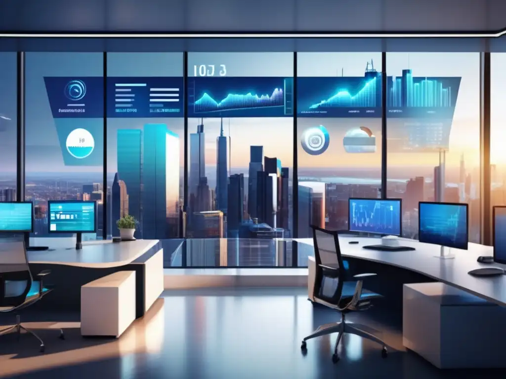 Oficina moderna con vista a la ciudad y gráficos financieros Oficina moderna con vista panorámica a la ciudad, gráfico financiero futurista y profesionales analizando datos