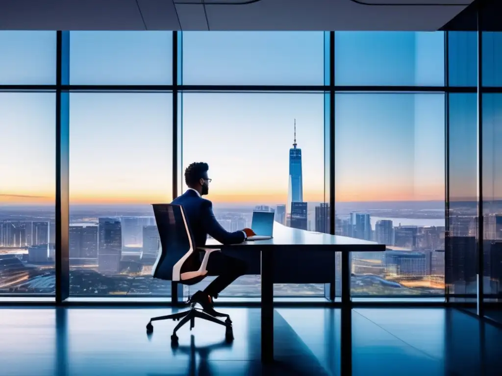 Oficina moderna con vista panorámica Oficina moderna con vista panorámica de la ciudad y estrategias de inversión exitosas