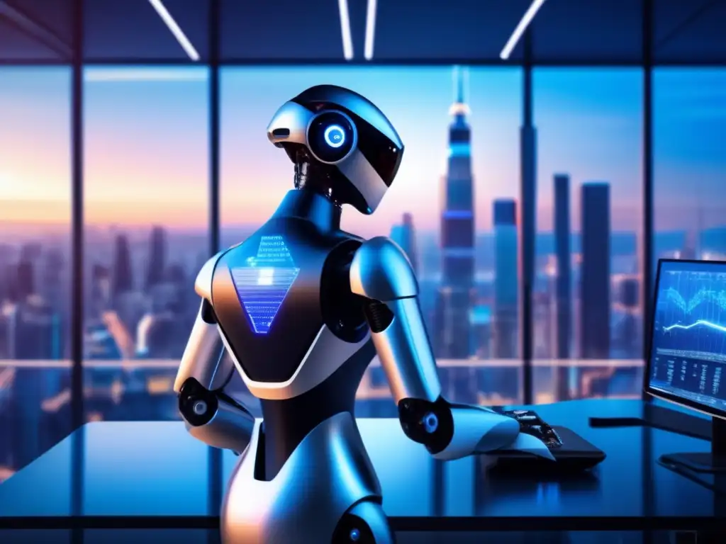 Oficina moderna con robot inversionista Oficina moderna con vista panorámica de la ciudad, tecnología avanzada y un robot de inversión: ventajas y desventajas