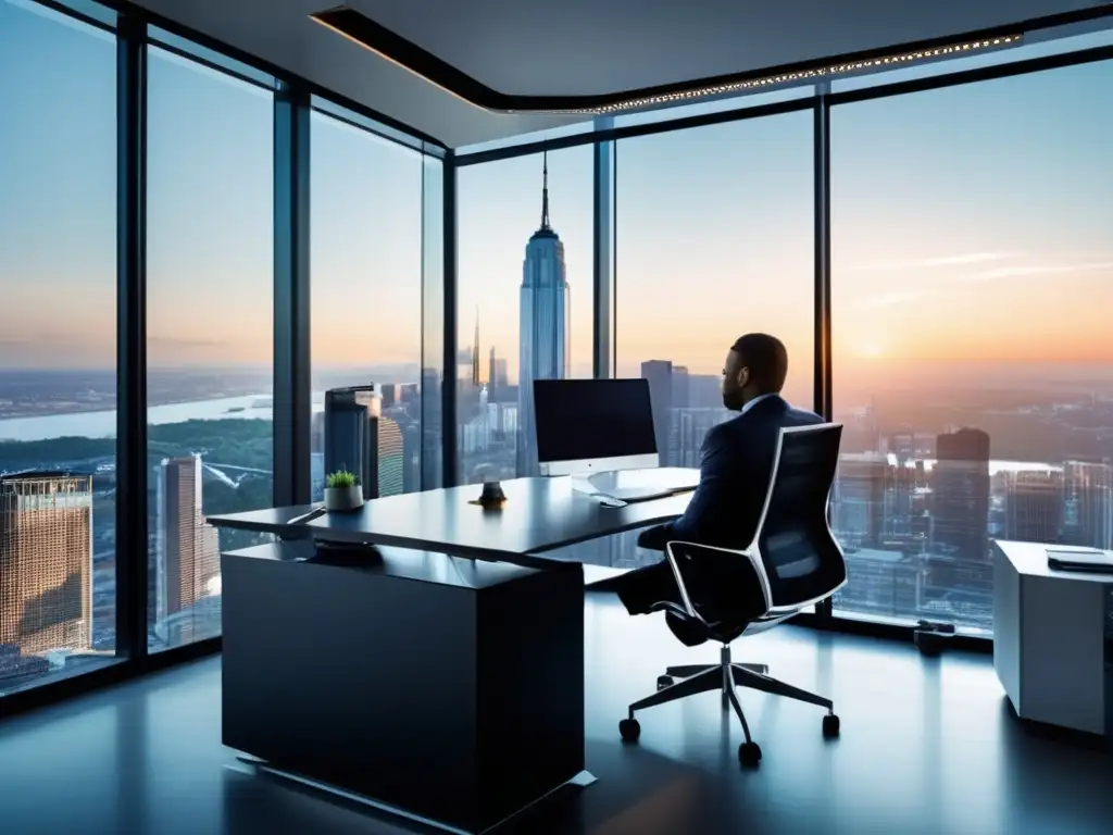 Oficina moderna con vista panorámica y tecnología avanzada Oficina moderna con vista panorámica de la ciudad: bot de inversión, ventajas y desventajas