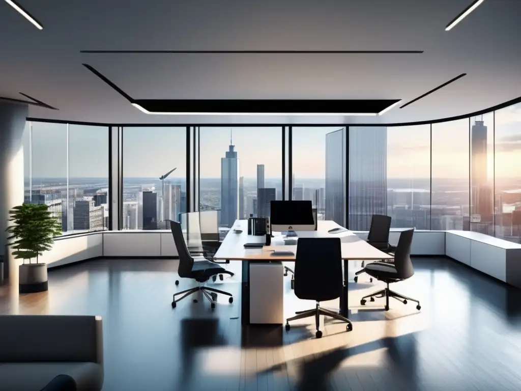 Oficina moderna con vista panorámica del distrito financiero Oficina moderna con vista panorámica de distrito financiero