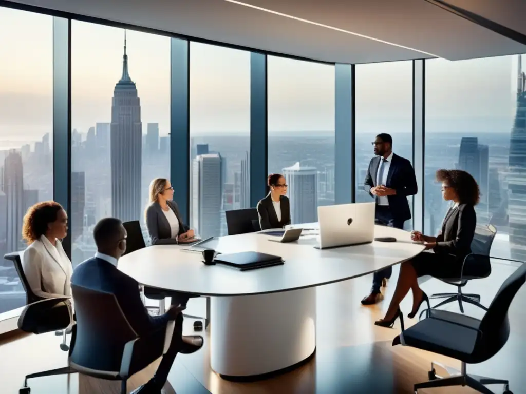 Oficina moderna y profesional con vista panorámica de la ciudad Oficina moderna con vista panorámica de la ciudad y profesionales discutiendo - Causas y consecuencias de Black Monday 1987