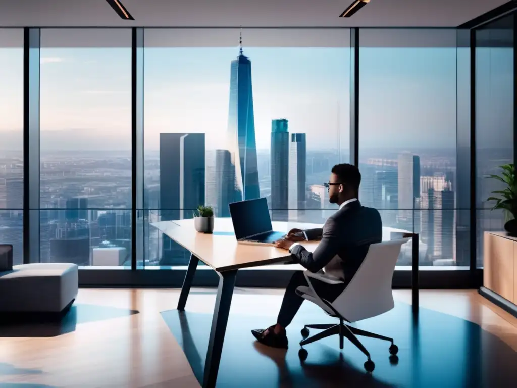 Espacio de oficina moderno y elegante con vista panorámica de la ciudad Oficina moderna con vista panorámica de la ciudad, muebles minimalistas y profesional estudiando gráficos de inversión