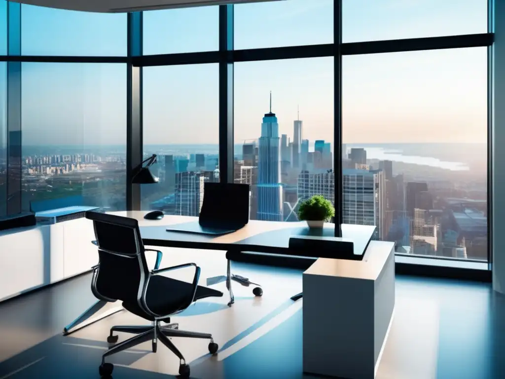 Oficina moderna con vista panorámica de la ciudad Oficina moderna con vista panorámica a una ciudad, mobiliario minimalista y luz natural
