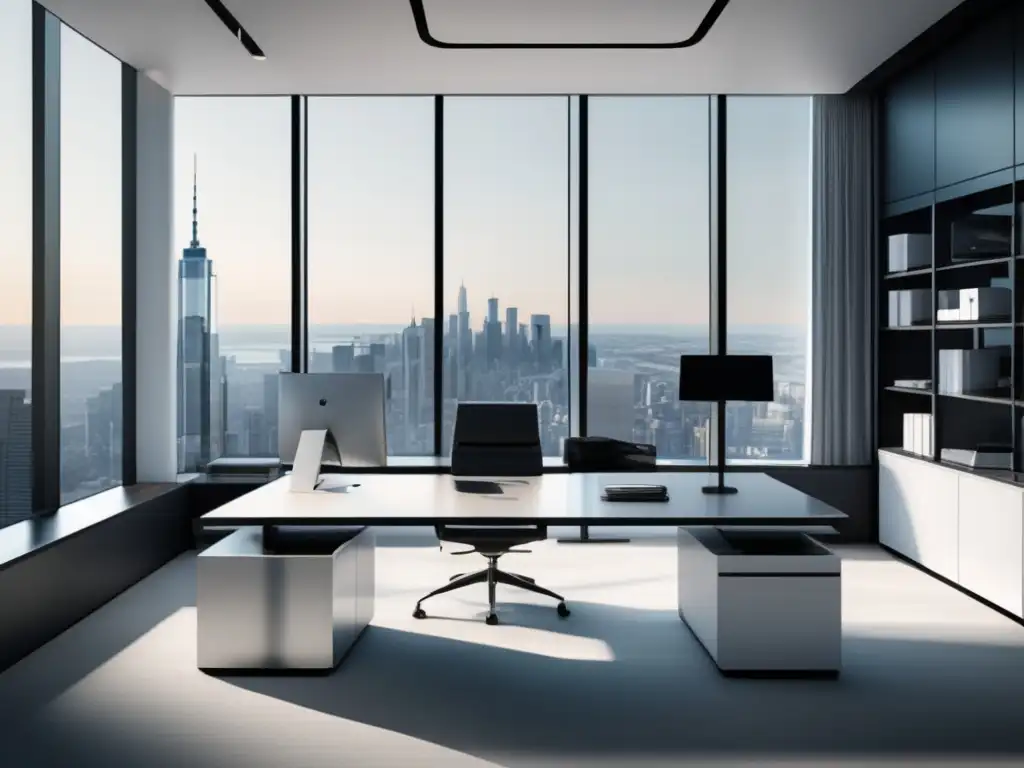 Oficina moderna con vista panorámica de la ciudad Oficina moderna con vista panorámica de la ciudad y estrategias de análisis técnico y fundamental