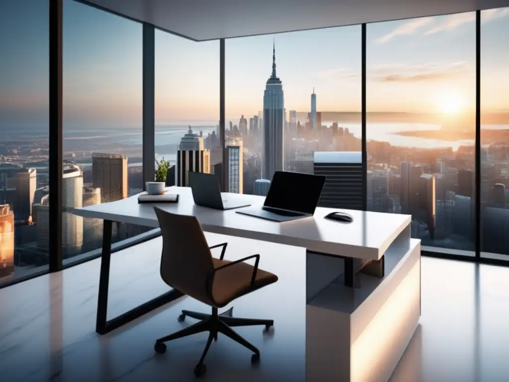 Oficina moderna con vista panorámica Oficina moderna con vista panorámica de la ciudad, escritorio minimalista de mármol blanco con laptop, notas y café