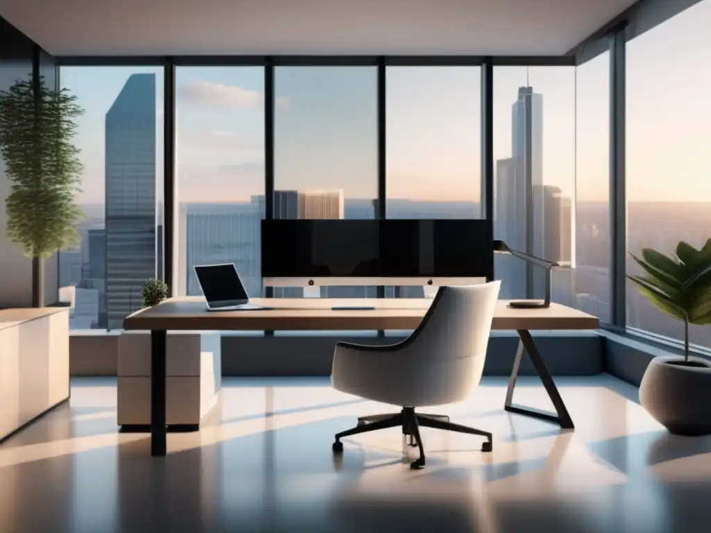 Oficina moderna con análisis financiero Oficina moderna con vista panorámica, escritorio de vidrio con laptop y análisis financiero para inversiones