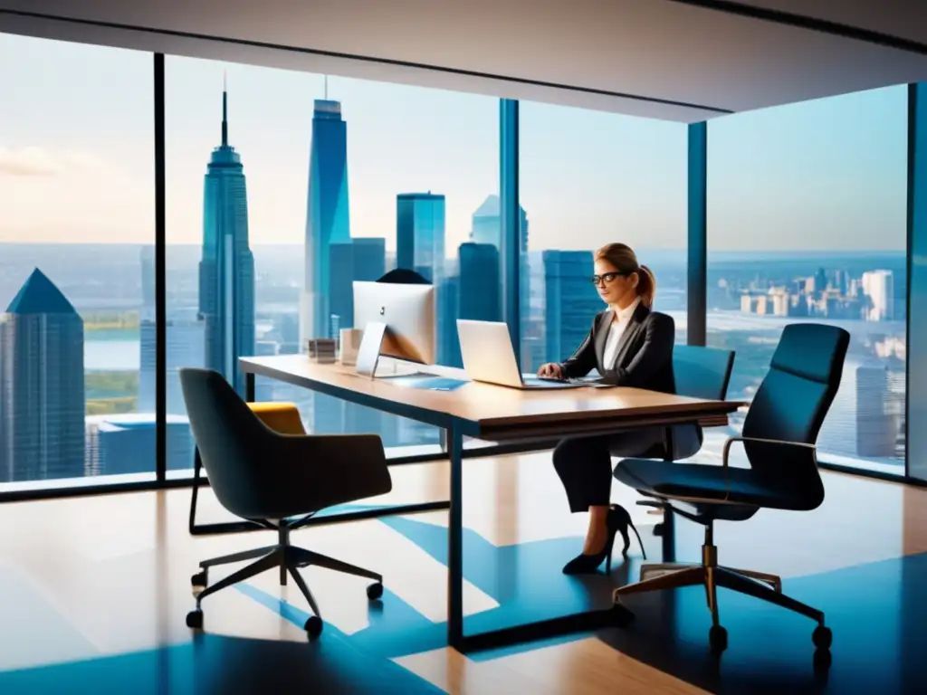 Oficina moderna con vista panorámica de la ciudad Oficina moderna con vista panorámica de la ciudad y persona estudiando documentos financieros