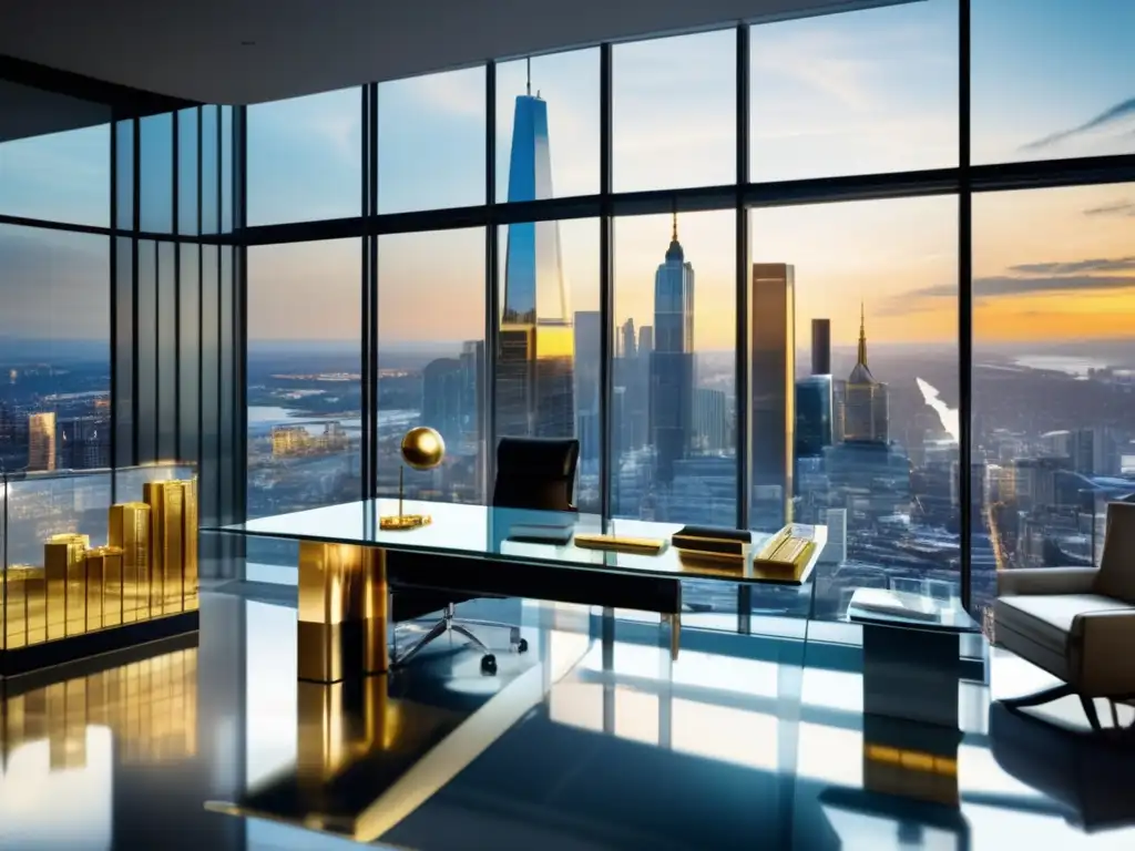 Oficina moderna con vista panorámica Oficina moderna con vista panorámica de la ciudad y muebles contemporáneos, inversiones en metales, bienes raíces y bonos indexados
