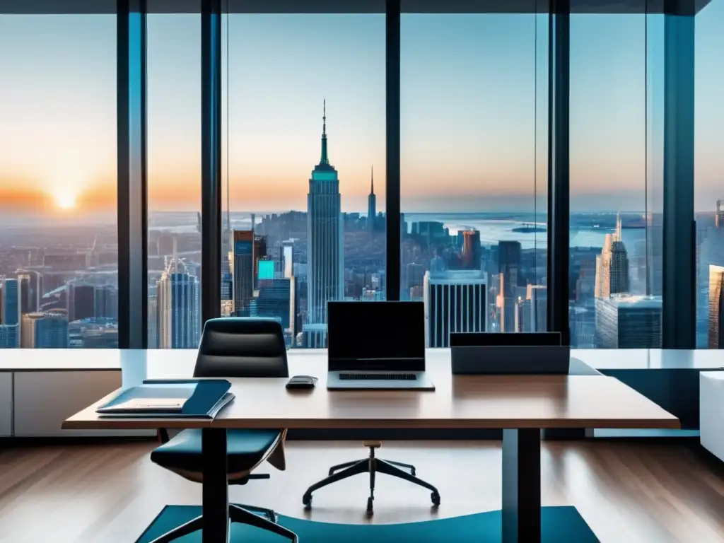 Oficina moderna con vista panorámica a la ciudad Oficina moderna con vista panorámica de la ciudad y símbolos de impuestos y éxito