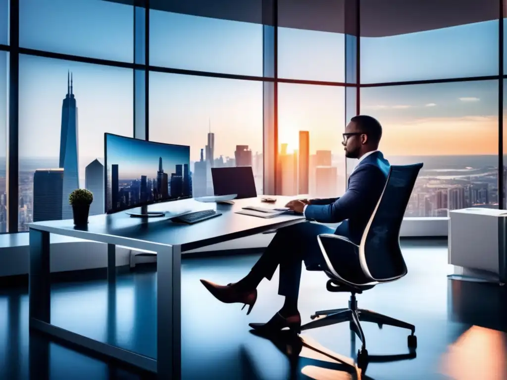 Oficina moderna: inversor profesional analizando gráficos financieros Oficina moderna con vista panorámica de la ciudad, estrategias de inversión a largo plazo
