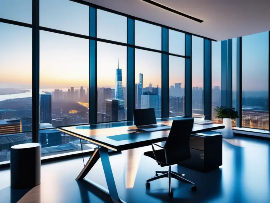Oficina moderna con vista panorámica Oficina moderna con vista panorámica de la ciudad y muebles minimalistas