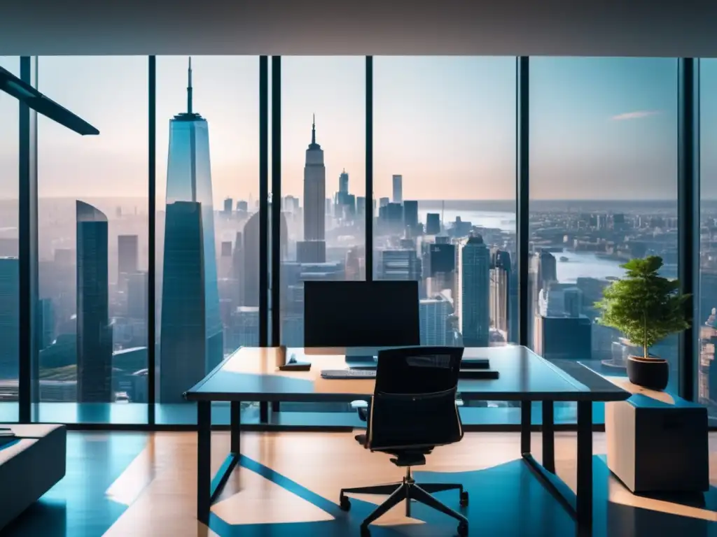 Espacio de oficina moderno y enfocado Oficina moderna con vista panorámica de ciudad y persona enfocada en estrategias de inversión con interés compuesto