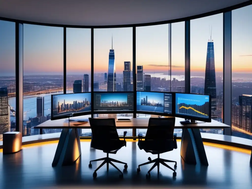Oficina moderna y dinámica de inversiones Oficina moderna con vista panorámica de la ciudad, mobiliario minimalista y profesionales diversos discutiendo