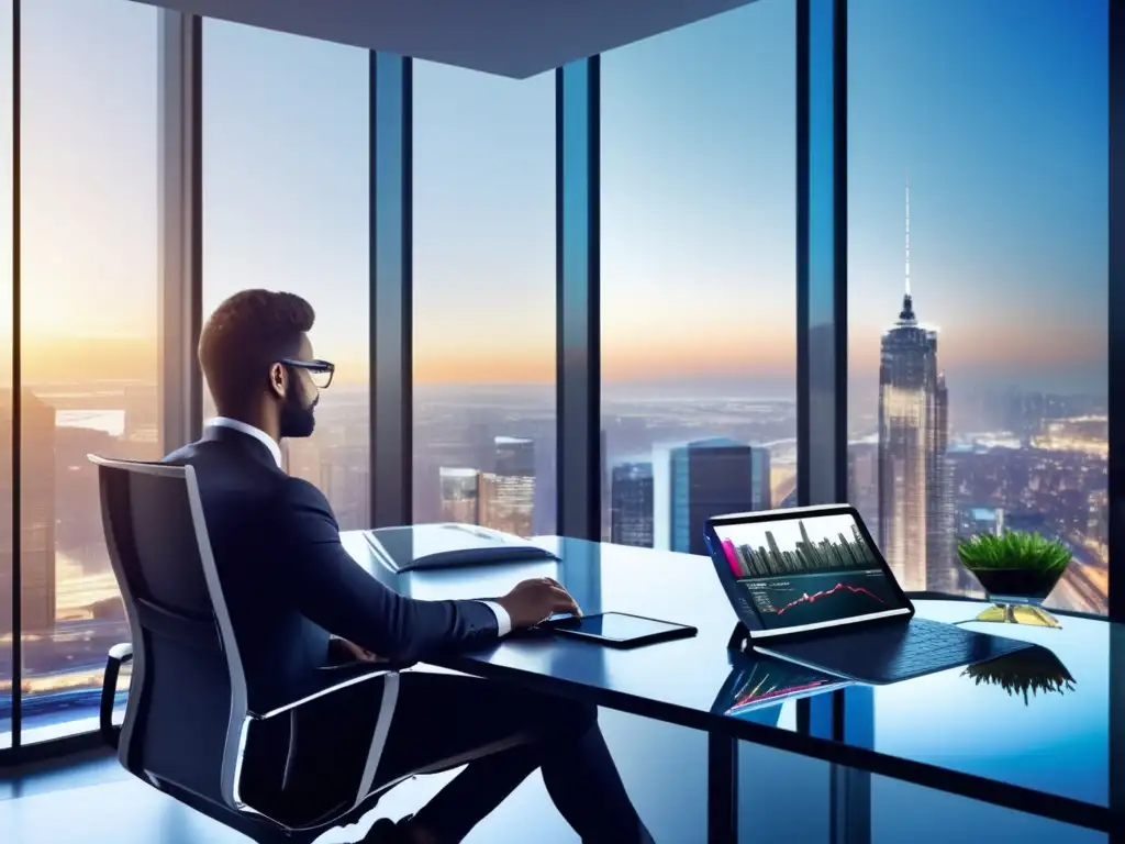 Oficina moderna con vista panorámica de la ciudad Oficina moderna con vista panorámica de la ciudad y ventajas del crowdlending en finanzas