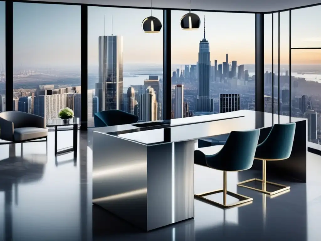 Oficina moderna con vista panorámica de la ciudad y barra de plata con logos de criptomonedas Oficina moderna con vista panorámica de la ciudad y estrategias de inversión en criptomonedas