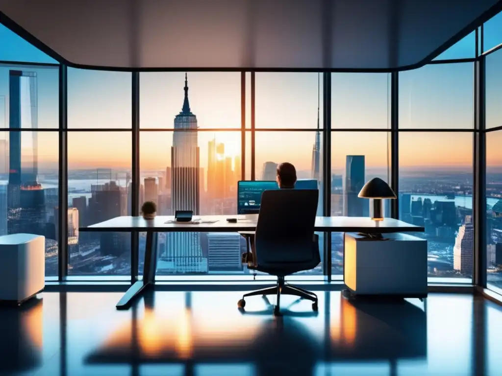 Oficina moderna con vista a la ciudad y gráficos financieros Oficina moderna con vista panorámica de la ciudad y mobiliario elegante