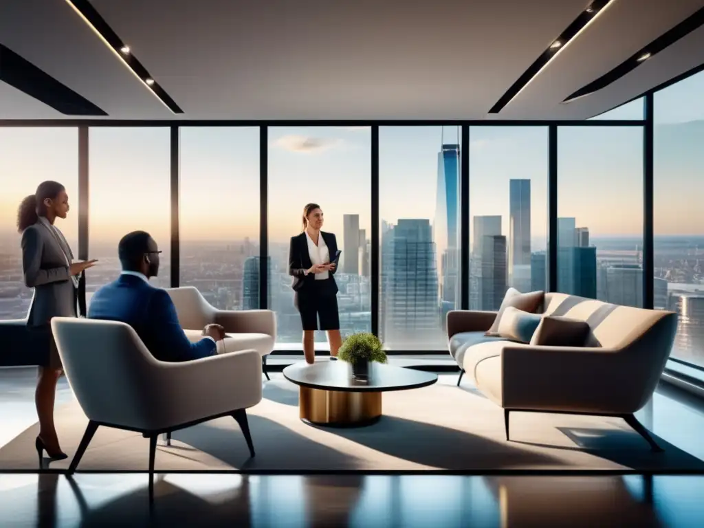 Oficina moderna con vista panorámica ciudad Oficina moderna con vista panorámica, muebles elegantes y diversidad en reunión de negocios